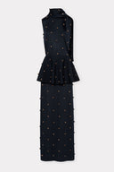 Vestido com Basque em Tricô Liso Bordado com Poás de Lã