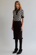 Polo de Tricô Quadriculado Tela e Calça Saia de Tricô Barra Curva